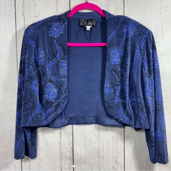 Alex Evenings Blue Floral Metallic Open Front Jacket Size 16 Elegant Formalwear - Picture 4 of 13